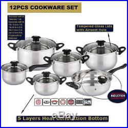 12Pc Stainless Steel Induction Hob Casserole Saucepan Stock Pot Fry Pan Cookware