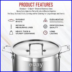 12 Quart Stainless Steel Stockpot with Lid, Durable, Even Heating, Oven Safe to