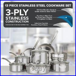 13-Piece Stainless Steel Cookware Set, 3-Ply Pots & Pans, Glass Lids, Strainer