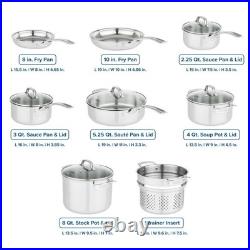 13-Piece Stainless Steel Cookware Set, 3-Ply Pots & Pans, Glass Lids, Strainer