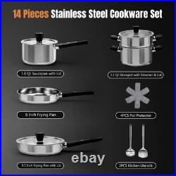 14-Piece Stainless Steel Cookware Set for Induction Non-Toxic Pots, Pans, Glas