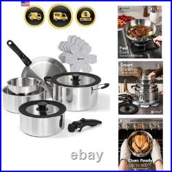 14pcs Tri-Ply Stainless Steel Cookware Set with Detachable Handles, Stackable
