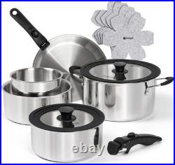 14pcs Tri-Ply Stainless Steel Cookware Set with Detachable Handles, Stackable