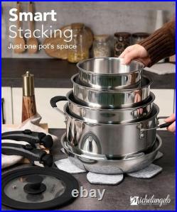 14pcs Tri-Ply Stainless Steel Cookware Set with Detachable Handles, Stackable