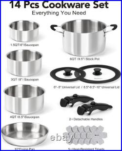 14pcs Tri-Ply Stainless Steel Cookware Set with Detachable Handles, Stackable