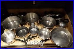 16 pieces 1801 Revere ware copper 8, 6, 4, 2, 1 qt. Stock pot. 12 Frying pan