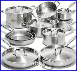 17Pcs 5 Ply Clad Stainless Steel Cookware Set with Lids, Heavy Duty Pots and