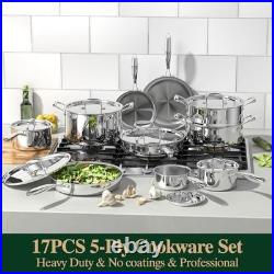 17Pcs 5 Ply Clad Stainless Steel Cookware Set with Lids, Heavy Duty Pots and