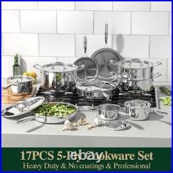 17Pcs 5 Ply Clad Stainless Steel Cookware Set with Lids, Heavy Duty Pots and