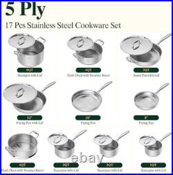 17Pcs 5 Ply Clad Stainless Steel Cookware Set with Lids, Heavy Duty Pots and