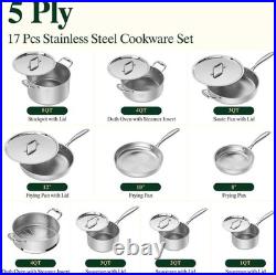 17Pcs 5 Ply Clad Stainless Steel Cookware Set with Lids, Heavy Duty Pots and
