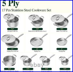 17Pcs 5 Ply Clad Stainless Steel Cookware Set with Lids, Heavy Duty Pots and