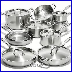 17Pcs 5 Ply Clad Stainless Steel Cookware Set with Lids, Heavy Duty Pots and Pan