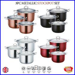 3Pc Non Stick Stock pot Induction Metallic Stainless Steel Pan Pot Casserole Set
