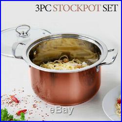 3Pc Non Stick Stock pot Induction Metallic Stainless Steel Pan Pot Casserole Set