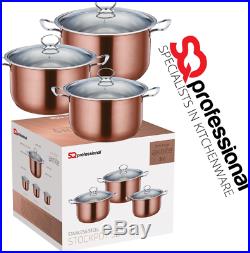 3pc Metallic Stainless Steel Casserole Stockpot Set Deep Cooking Pot Pan Copper