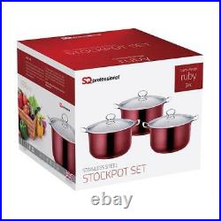 3pc Stainless Steel Stockpot Induction Cookware Casserole Cooking Pot Set Red