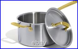 4 QT Stainless Clad Saucepan by Made In with Lid Antique Brass Handle NEW