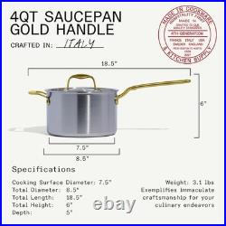 4 QT Stainless Clad Saucepan by Made In with Lid Antique Brass Handle NEW