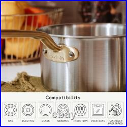 4 QT Stainless Clad Saucepan by Made In with Lid Antique Brass Handle NEW