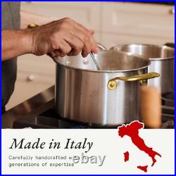 4 QT Stainless Clad Saucepan by Made In with Lid Antique Brass Handle NEW