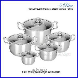 5PC Stainless Steel Cookware Casserole Stockpot Pans Set With Glass Lids Kitchen