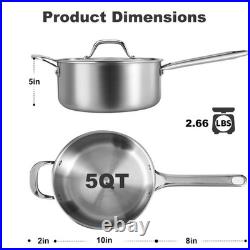 5 QT Saucepan with Lid, 3-Ply Stainless Steel Stockpot, Professional Grade Cook