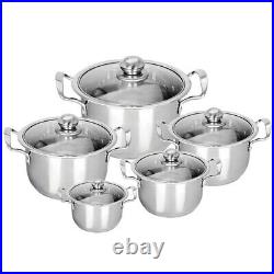5pc Stainless Steel Cookware Set Casserole Stockpot Pot Hob With Glass Lids