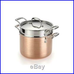 6-Qt Hammered Copper Stock Pot Pasta Set Cast Stainless Steel Handles Rustic New