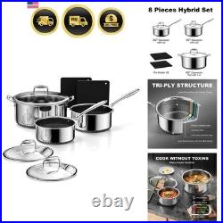 8pc Hybrid Stainless Steel Pot Set, 8qt Soup Pot & 2/3qt Saucepans