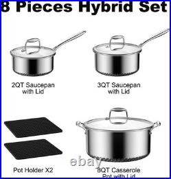 8pc Hybrid Stainless Steel Pot Set, 8qt Soup Pot & 2/3qt Saucepans