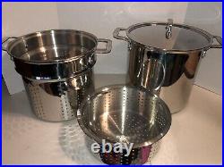 All-Clad 12 Qt Stock Pot Multi Cooker Steamer Strainer Large 4 Pieces Excellent