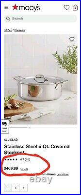 All-Clad D3 Stainless 3-Ply Bonded Cookware, Stockpot w Lid, 6 Quart, 4506