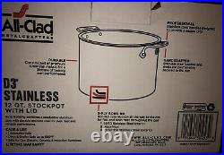 All Clad D3 Stainless Steel Stockpot Stock Pot & Lid USA Made 4512 New Free Ship