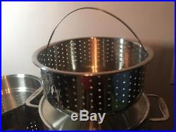 All Clad Stainless Steel 10 QT Tall Stock Pot Pasta Pentola Steamer Basket Set