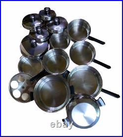 Amway Queen Cookware 14 Pc Set Multi-Ply 18/8 Stainless Steel USA Vtg Pots/Pans