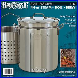 Bayou Classic 1144 1144-44-Qt Stainless Stockpot with Basket, 44 Quarts, Silver