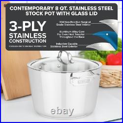 Contemporary 3-Ply Stainless Steel Stock Pot, 8 Quart Soup Cooking Pot with Lid