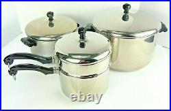 Lot of 3 Farberware Stainless Steel Pans 7 pieces withlids Dbl Boiler 2 Stock Pot