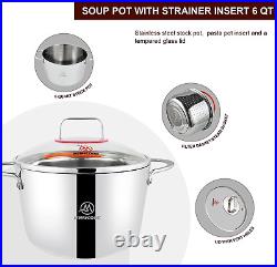 MÉMÉCOOK 6 Quart Stock Pot with Lid, Pasta Pot with Strainer Insert, Stainless S