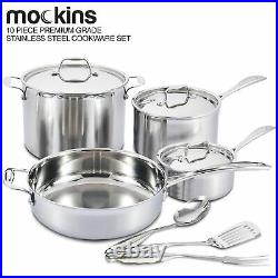 Mockins Premium Grade 10 Piece Stainless Steel Cookware Set Pots & Pans Tri-Ply
