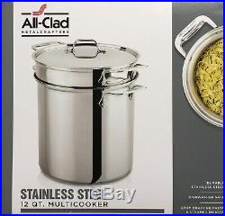 NEW! All Clad Stainless 12 Quart Stock Pot With Lid, Steamer, Strainer (Ret $300+)