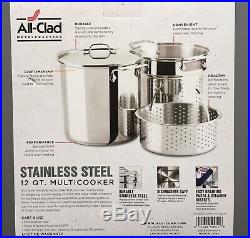 NEW! All Clad Stainless 12 Quart Stock Pot With Lid, Steamer, Strainer (Ret $300+)