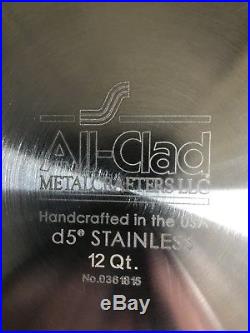 New All Clad 12 Qt Stock Pot D5 SD55512 Polished Stainless 5 Ply