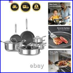 Non Stick Pots and Pans Set, 10pcs Hybrid Stainless Steel Cookware Set, Fryin