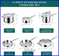 Pots and Pans Set, 3 Ply 11 Piece Stainless Steel Cookware Set, Oven Dishwash