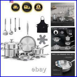 Pots and Pans Set Non Toxic, 16PCs Stainless Steel Cookware Set with Steamer