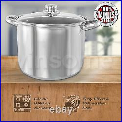 Quality Deep Stainless Steel Induction Stock Soup Pot Stew Casserole Glass Lid