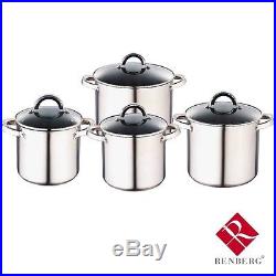 RENBERG 8pc Cook Pan Set Stockpot Pot Casserole Stainless Steel Glass Lid 262950