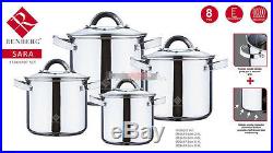 RENBERG 8pc Cook Pan Set Stockpot Pot Casserole Stainless Steel Glass Lid 262950